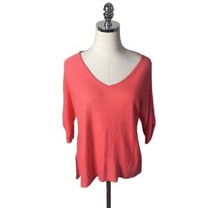 J Jill Linen Blend Top Size SP Small Petite Orange Sherbet Roll Tab Sleeves